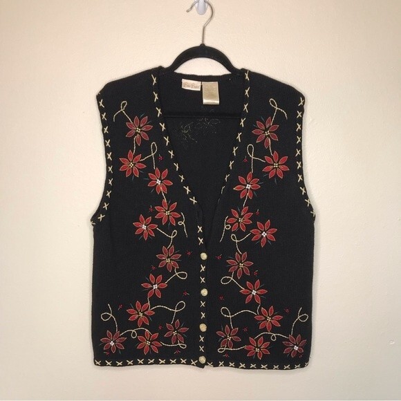 Bobbie Brooks Holiday Ugly Christmas Black Red Gold Poinsettia Vest Size Large - Picture 13 of 14